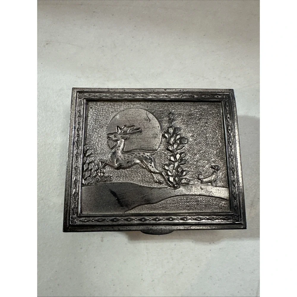 Vintage Deer In Forest Scene Metal Wood Trinket Jewelry Box Made In Japan